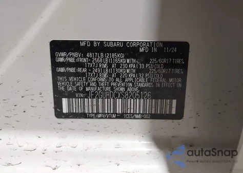 2025 Subaru Crosstrek Premium из США, поврежденный, VIN JF2GUHDCXS8205126